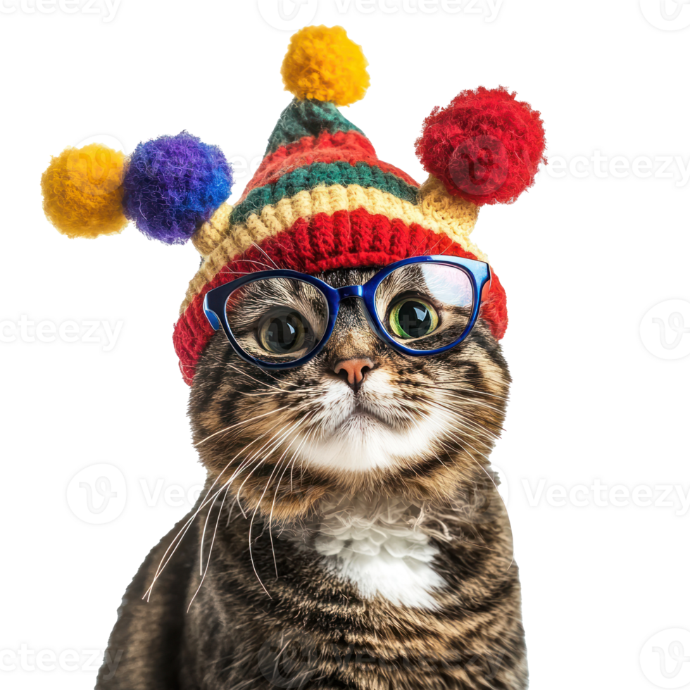 A cat wearing clown jester hat and glasses, full length isolate on transparent background png