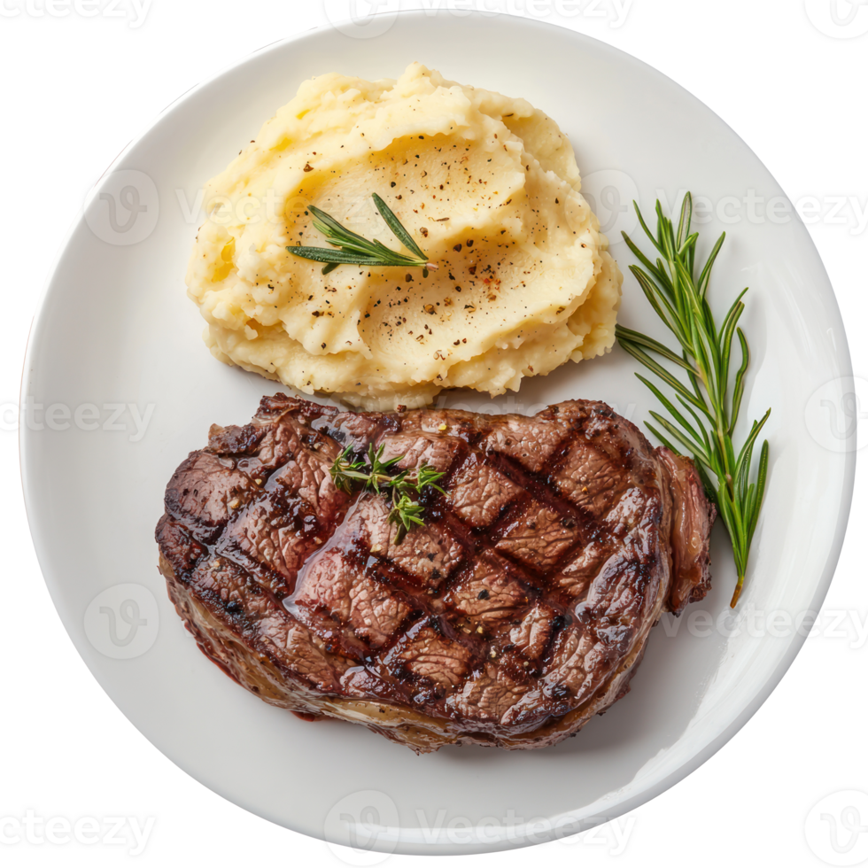 steak and mashed potatoes on a plate with rosemary png