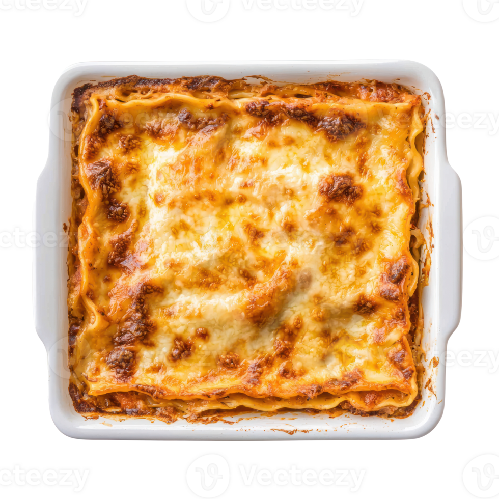 lasagna in a square baking dish on transparent background png