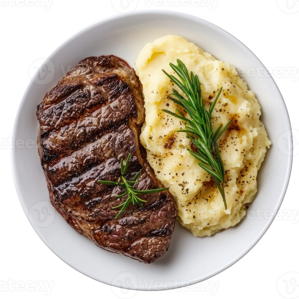 steak and mashed potatoes on a plate with rosemary isolate on transparent background png