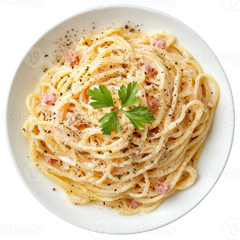 Spaghetti Carbonara top view isolate on transparent background png