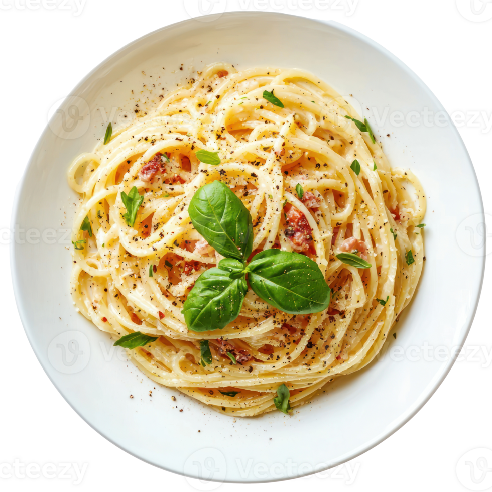 pasta with bacon and basil on plate isolate on tranparent background png