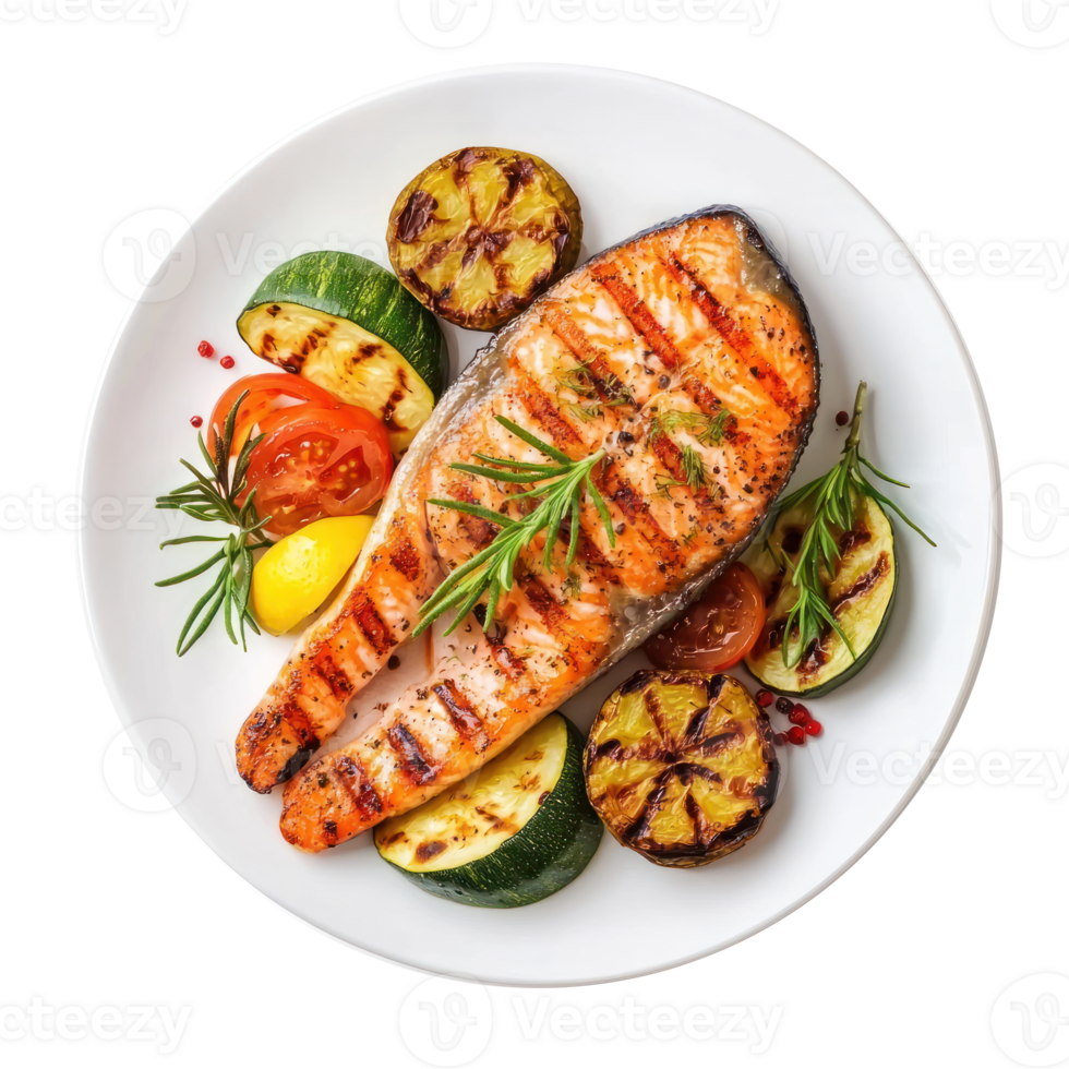 grilled salmon steak with vegetables on a plate isolate on transparent background png