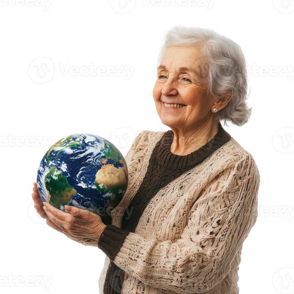 Smiling Senior woman holding earth, Earth day celebration side view isolate on transparent background png