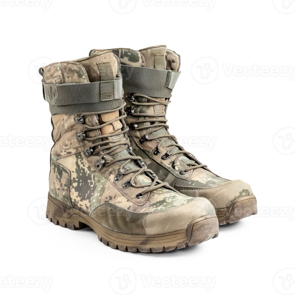 a pair of camouflage boots on transparent background png