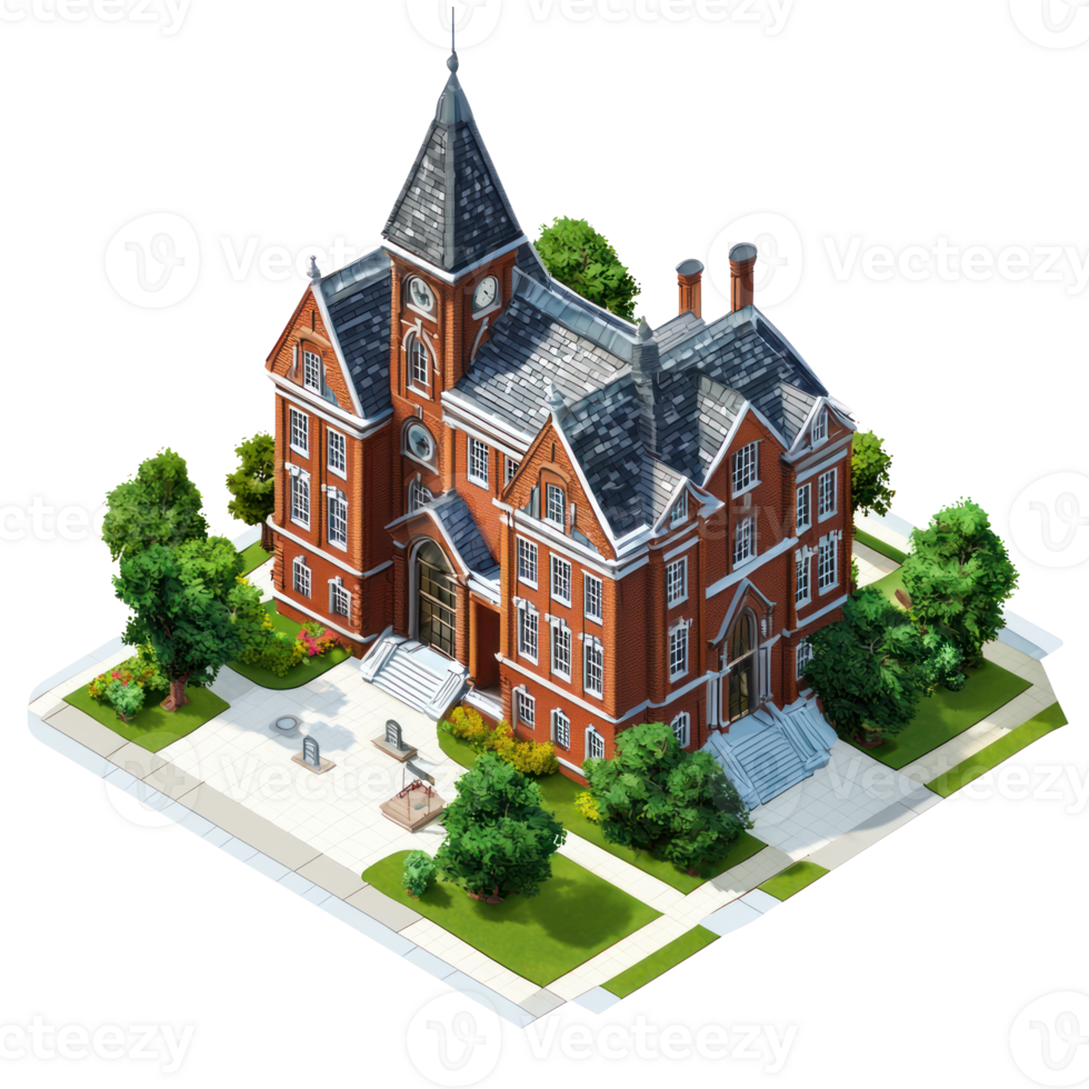 an illustration of a red brick building with a clock tower png