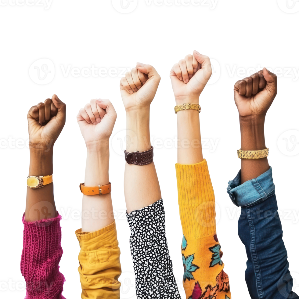 diverse hands raised high in unity isolate on transparent background png