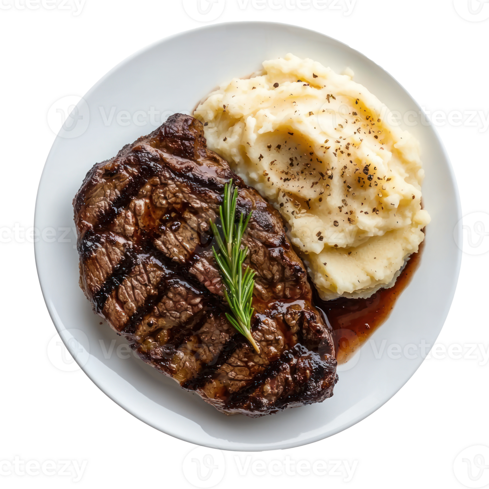 steak with mashed potatoes and rosemary on a white plate png
