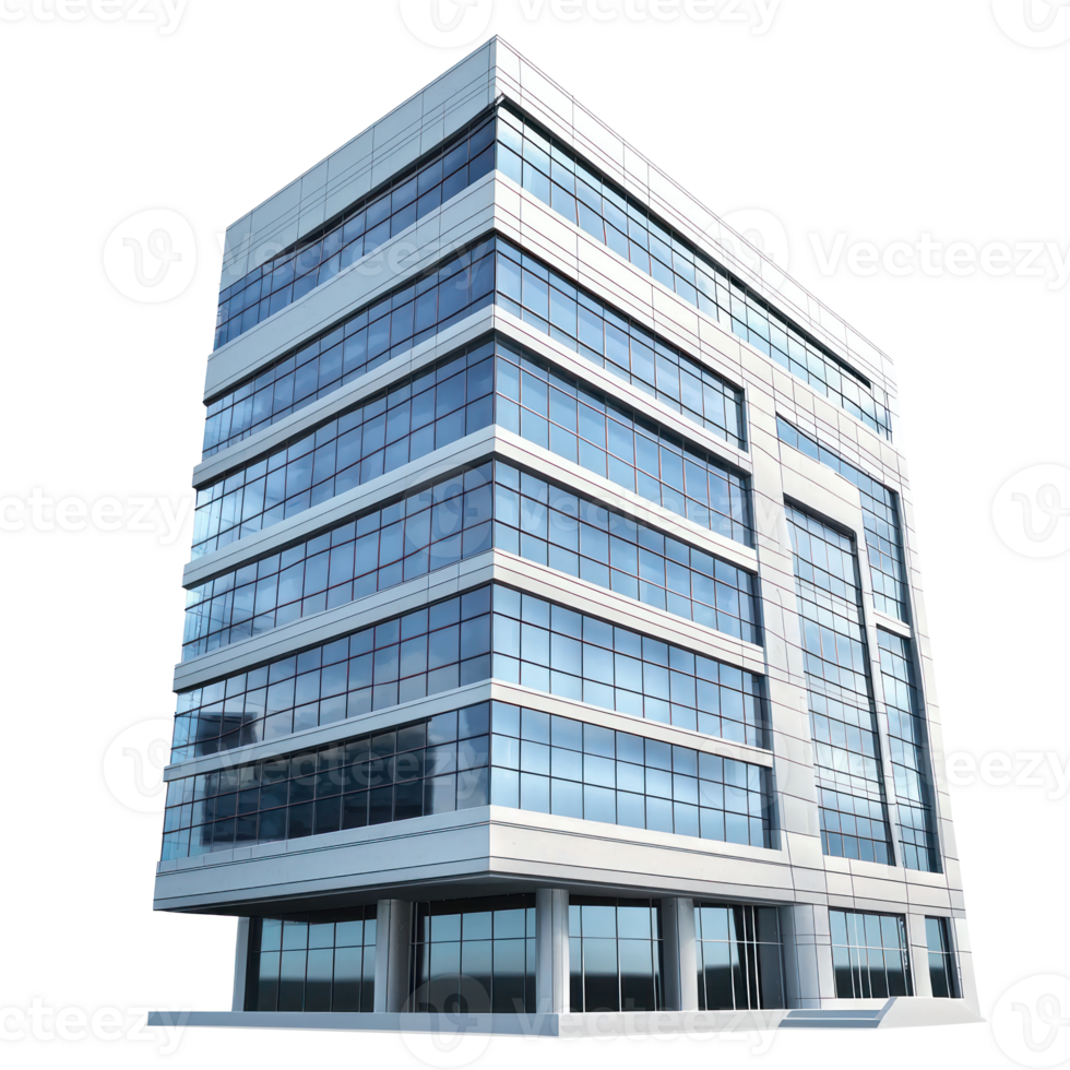 A office building with glass windows on transparent background png