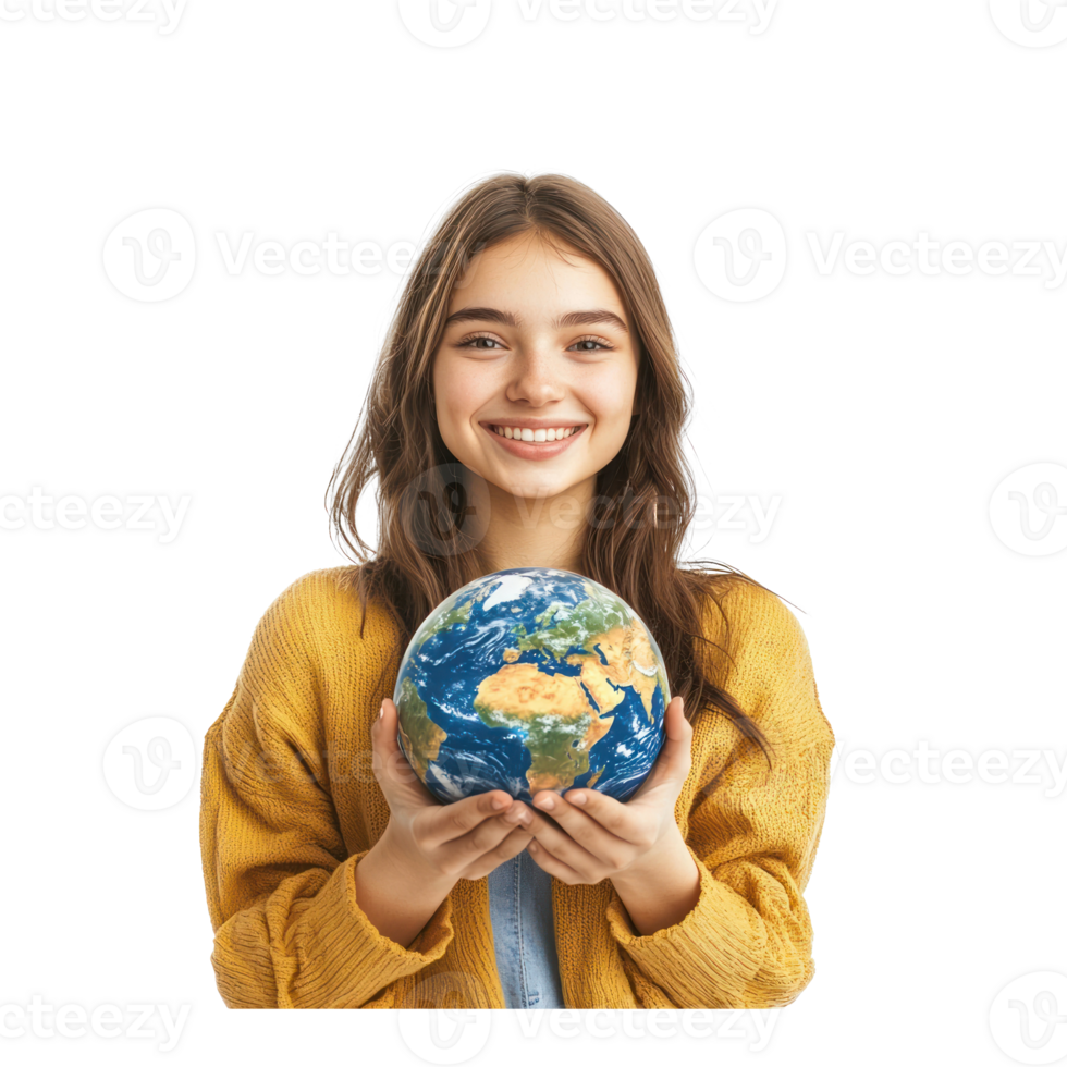Smiling young woman holding earth, Earth day celebration isolate on transparent background png