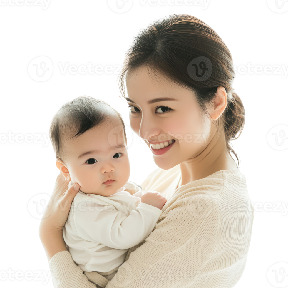 Mother holding a baby with soft, warm lighting isolate on transparent background png