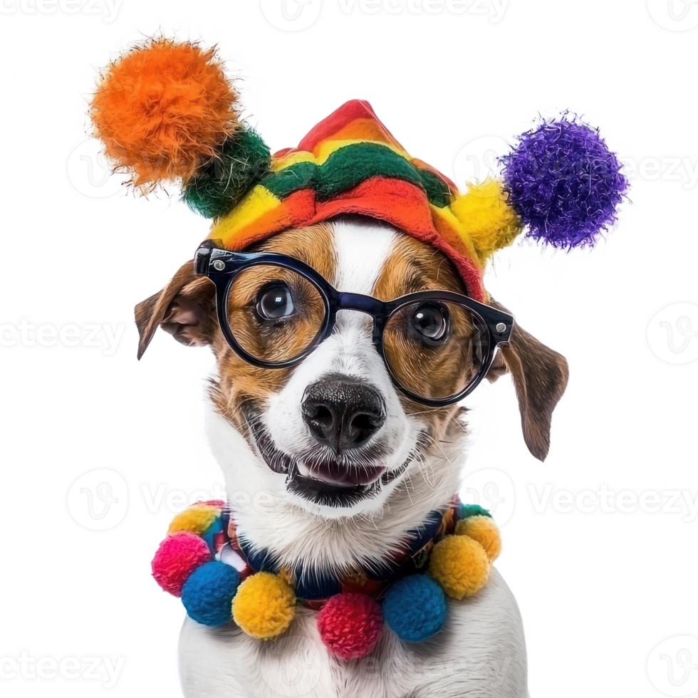 A dog wearing clown jester hat and glasses isolate on transparent background png