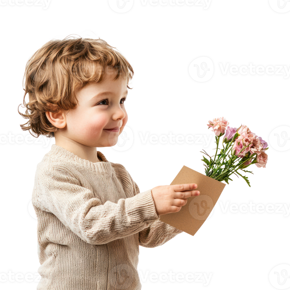Child giving a handmade card or flowers to mom side view isolate on transparent background png