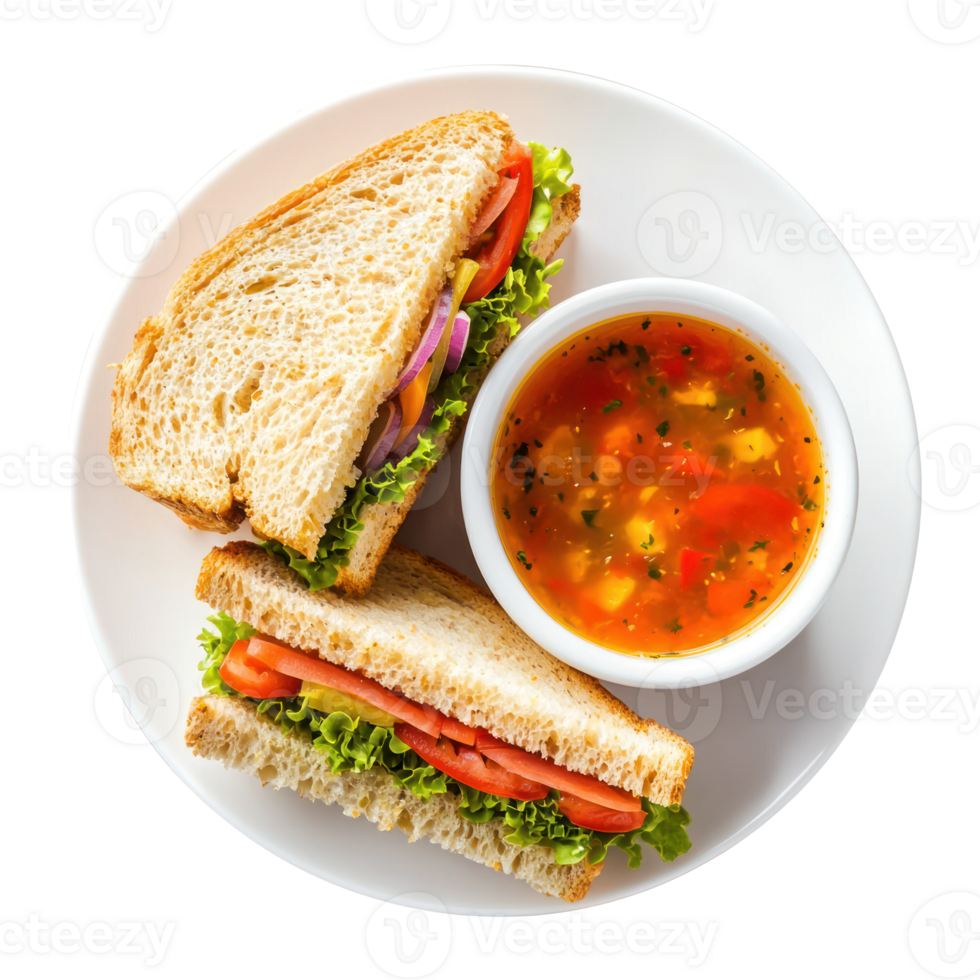 sandwich with soup on plate isolate on transparent background png
