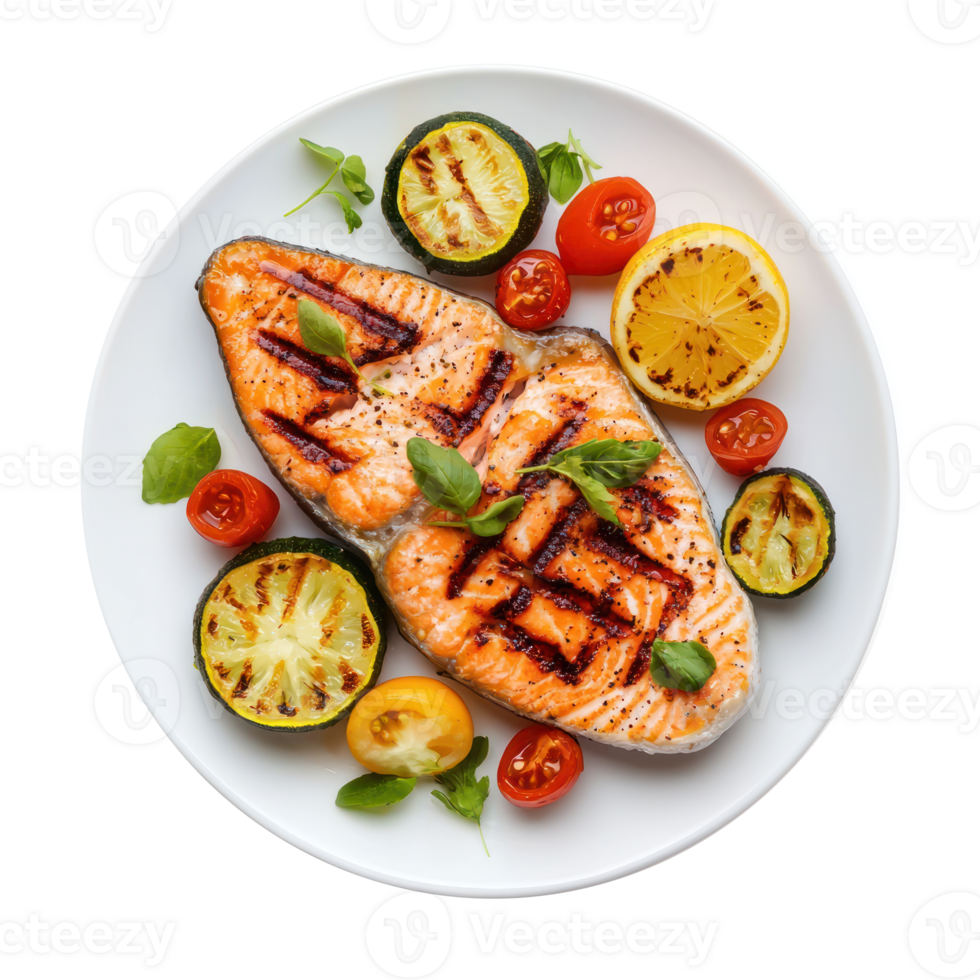 grilled salmon steak with vegetables on a white plate png