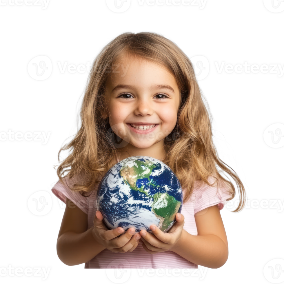 A Smiling little girl holding earth isolate on transparent background png