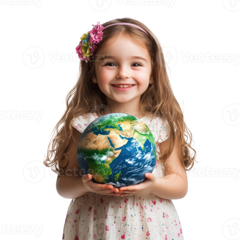Smiling little girl holding earth, Earth day celebration isolate on transparent background png