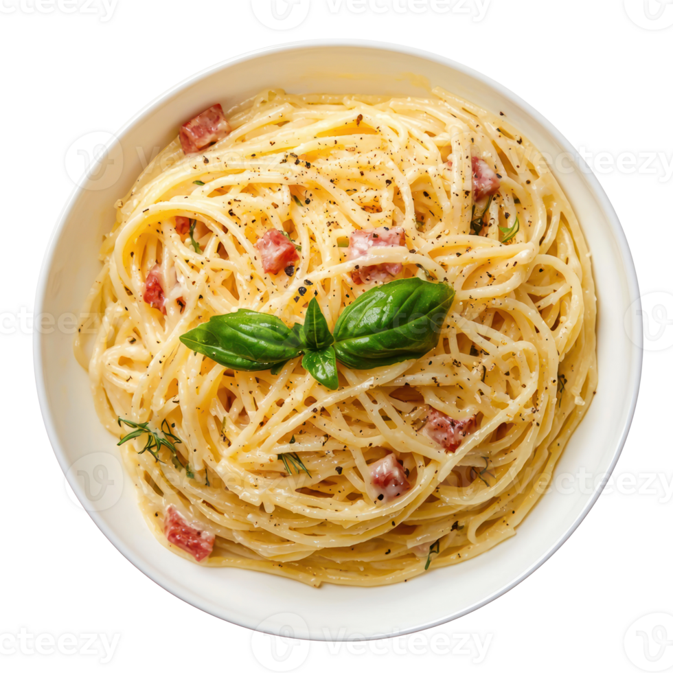 A Spaghetti Carbonara top view isolate on transparent background png