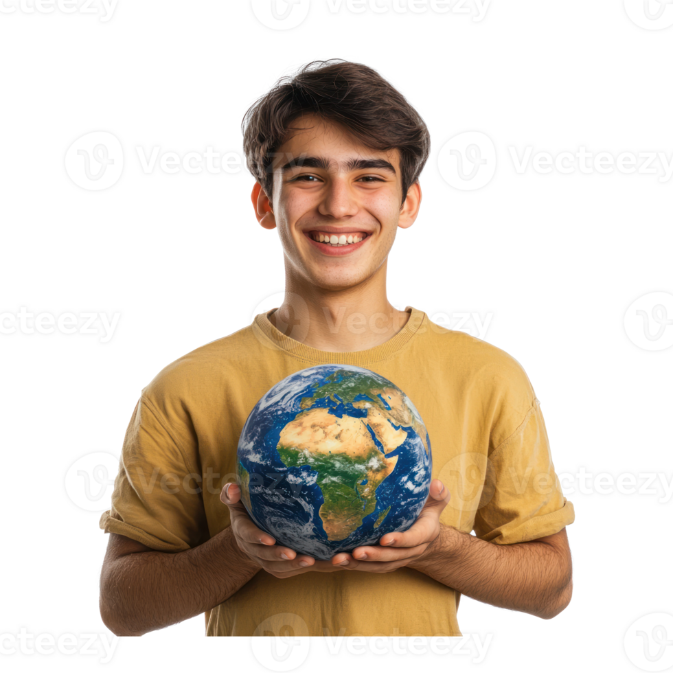Smiling young man holding earth, Earth day celebration isolate on transparent background png
