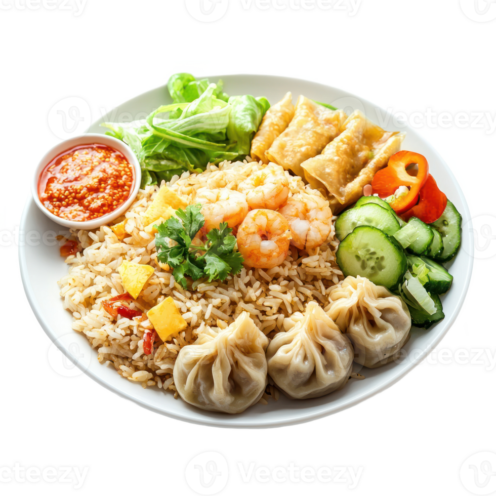 a plate with rice, shrimp, vegetables and dumplings png
