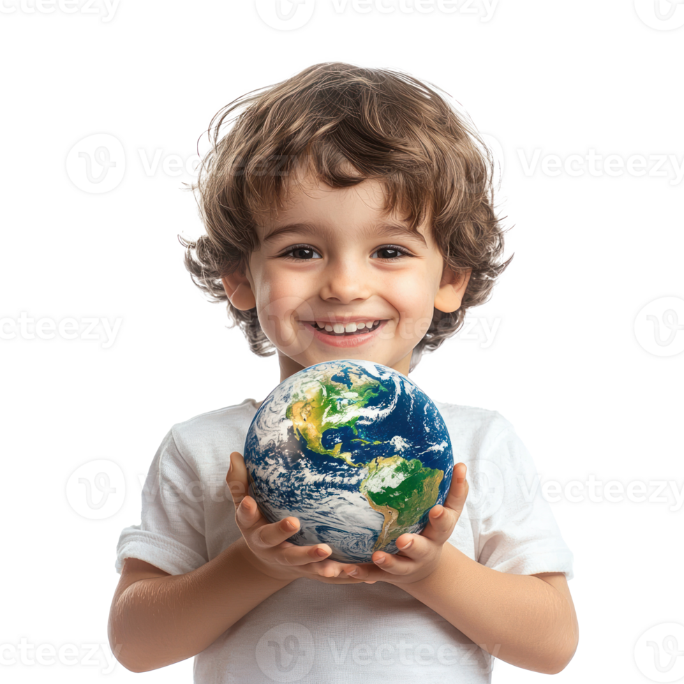 Smiling little boy holding earth, Earth day celebration isolate on transparent background png