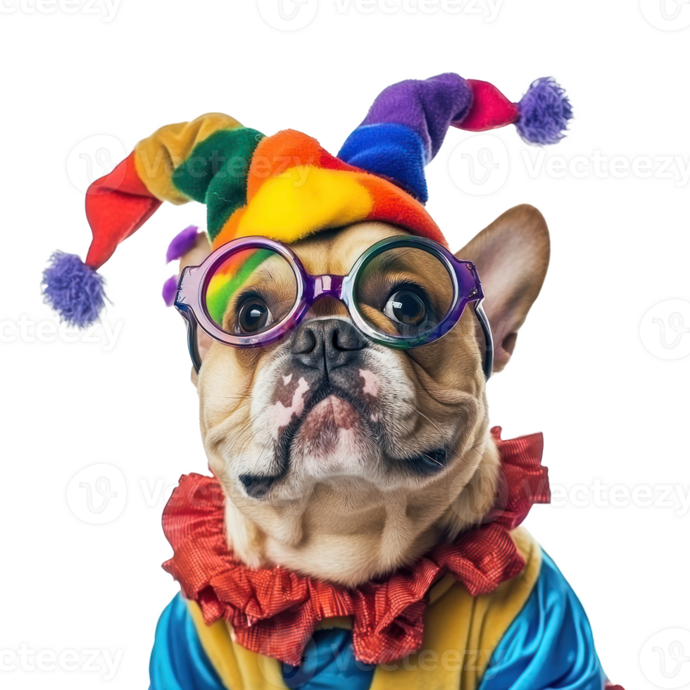 A dog wearing clown jester hat and glasses full length isolate on transparent background png