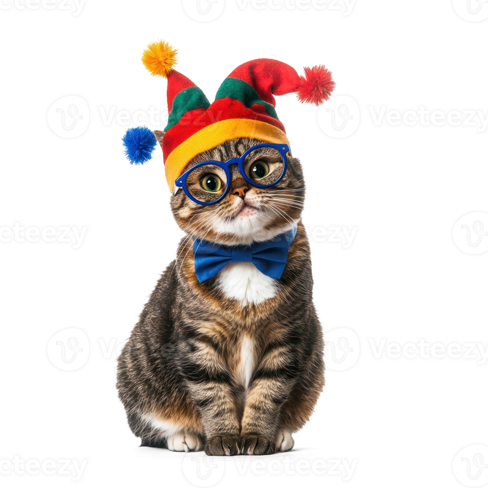 A cat wearing clown jester hat and glasses full length isolate on transparent background png