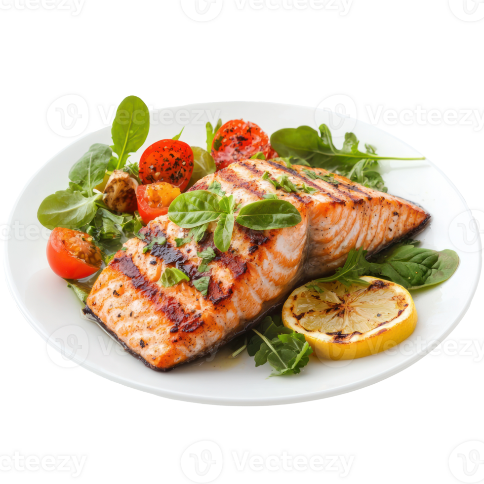Grilled Salmon with Vegetables isolate on transparent background png