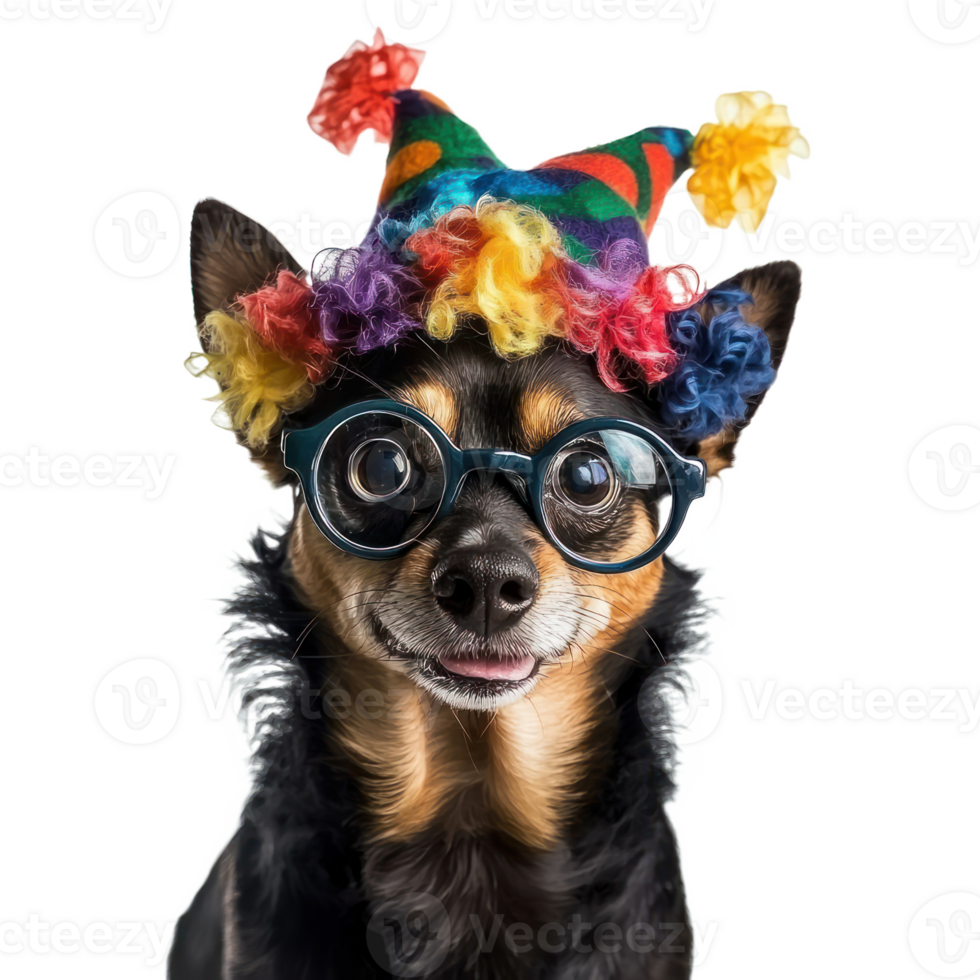 a dog wearing a colorful hat and glasses png