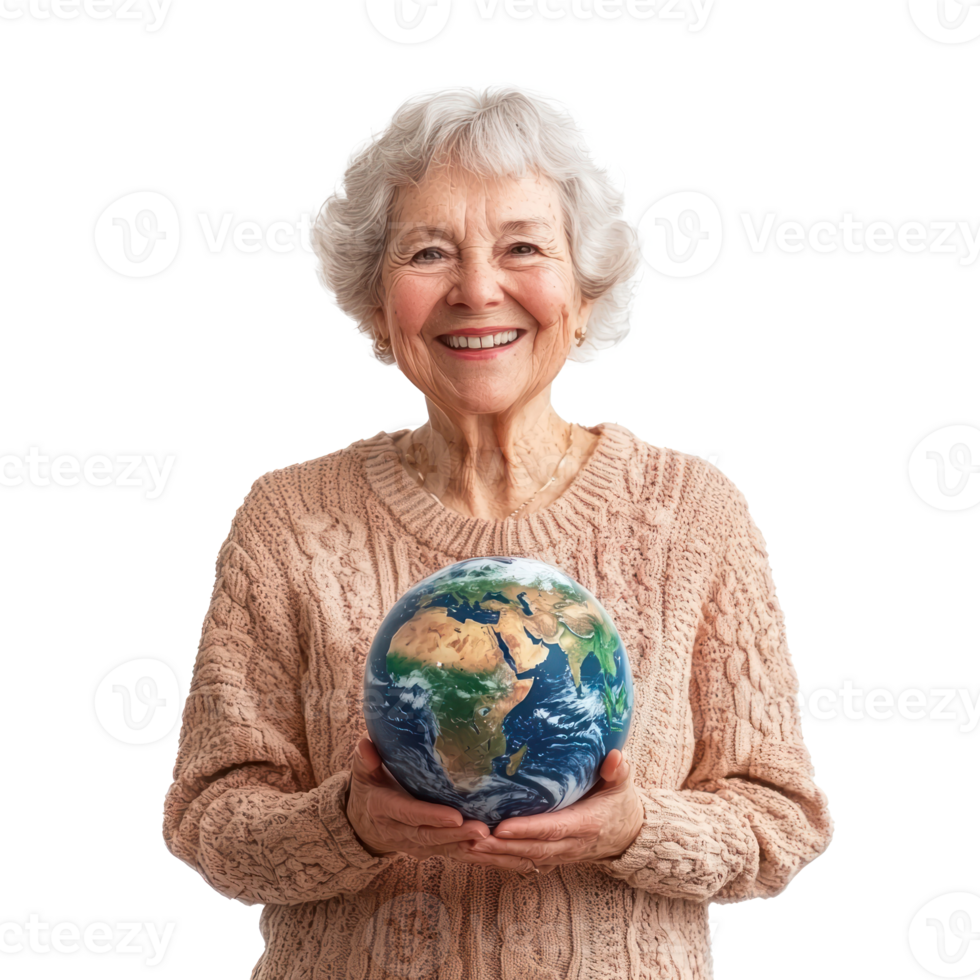 Smiling Senior woman holding earth, Earth day celebration isolate on transparent background png