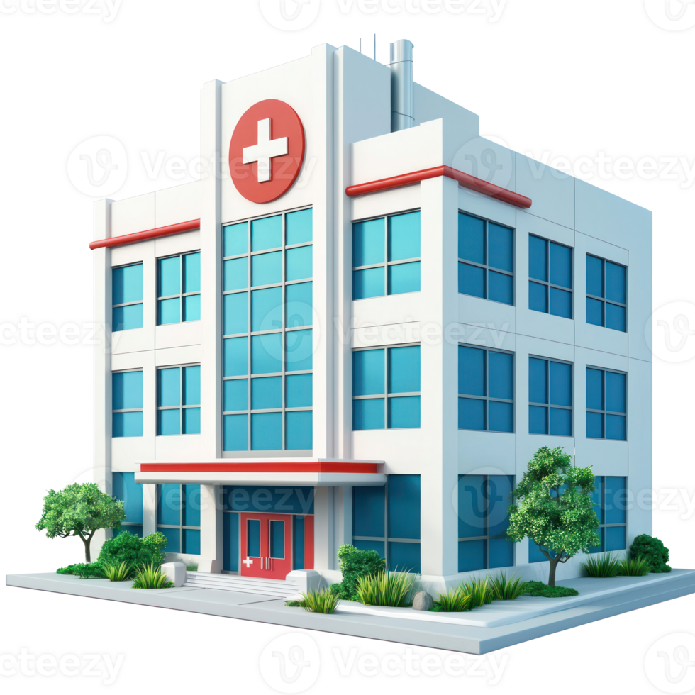 a hospital building with a red cross on the front png