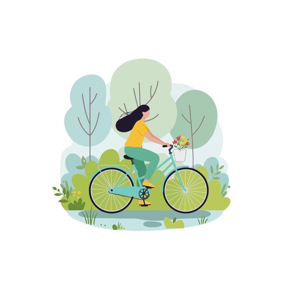 Woman Cycling with Flowers Through Green Park on a Sunny Day vector