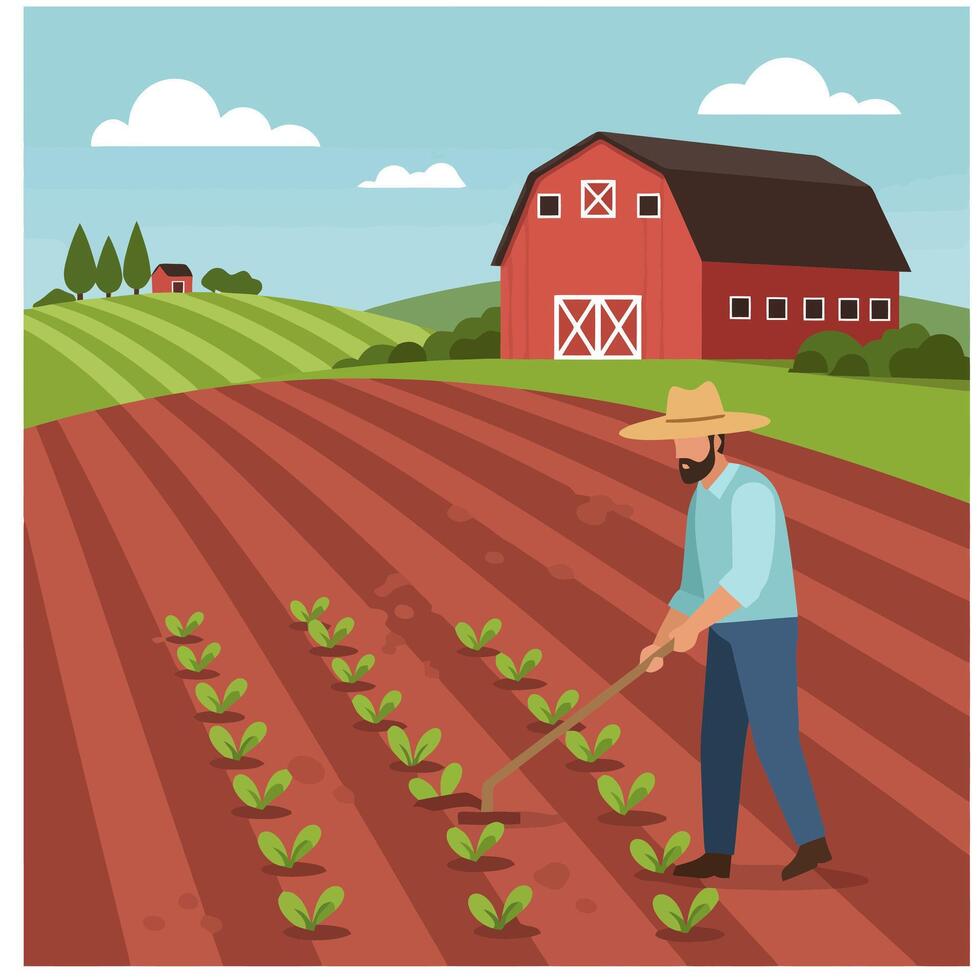 Farmer Working in Field on Farm with Barn and Crops vector