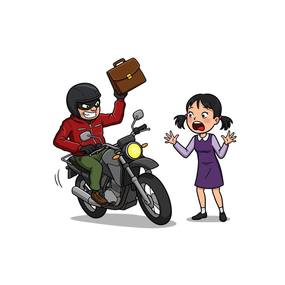 Cartoon Thief Stealing Briefcase From Scared Girl on Motorcycle vector