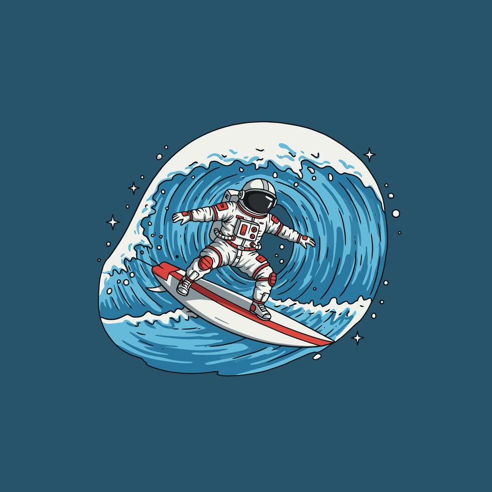 Astronaut Surfing Big Wave Illustration with Fun Cosmic Theme vector