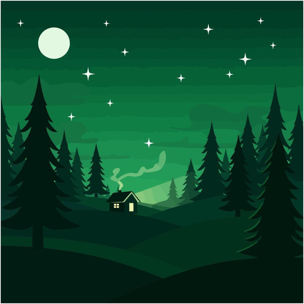 Cozy Cabin in Forest at Night with Moon and Stars Illustration vector