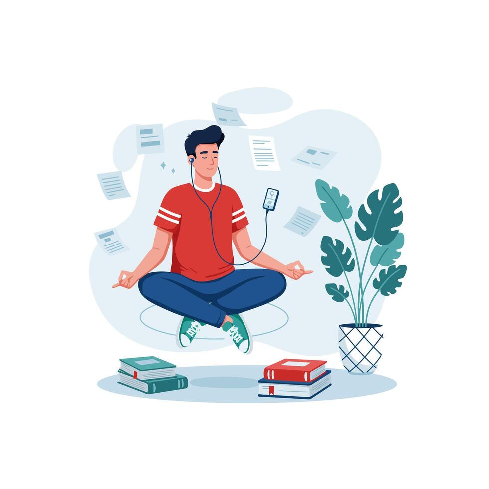 Man Meditating with Headphones Amidst Flying Papers Achieving Calmness vector