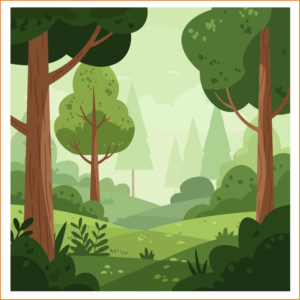 Explore the Green Forest Landscape Cartoon Style with Towering Trees vector