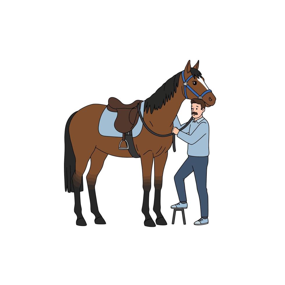 Man Preparing Horse with Saddle and Bridle for Riding Cartoon vector
