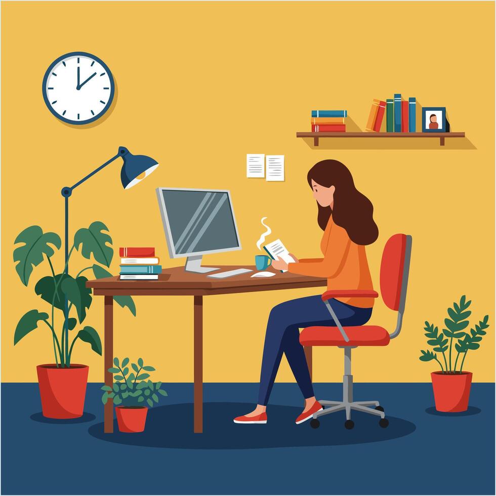 Woman Studying at Desk with Computer and Plants in Room Illustration vector