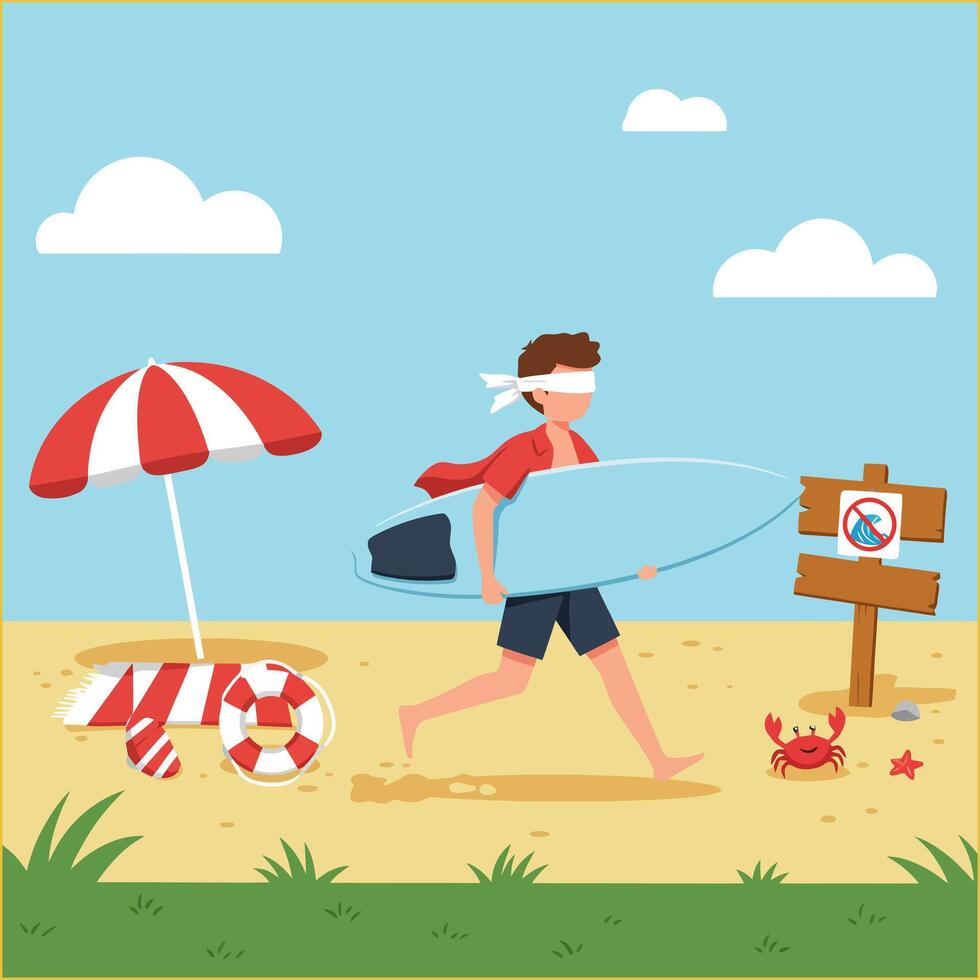 Blindfolded Man Running with Surfboard on Beach with Summer Accessories vector