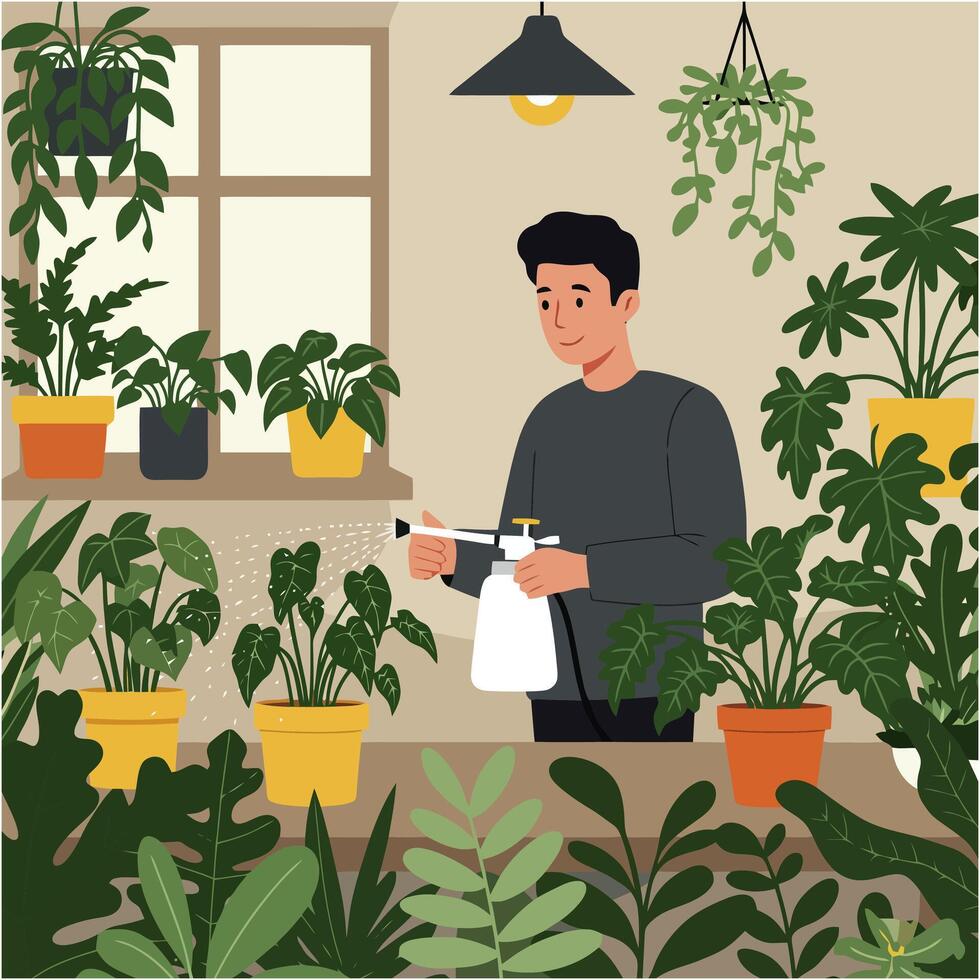 Man Spraying Indoor Plants with Sprayer Caring for Home Garden vector