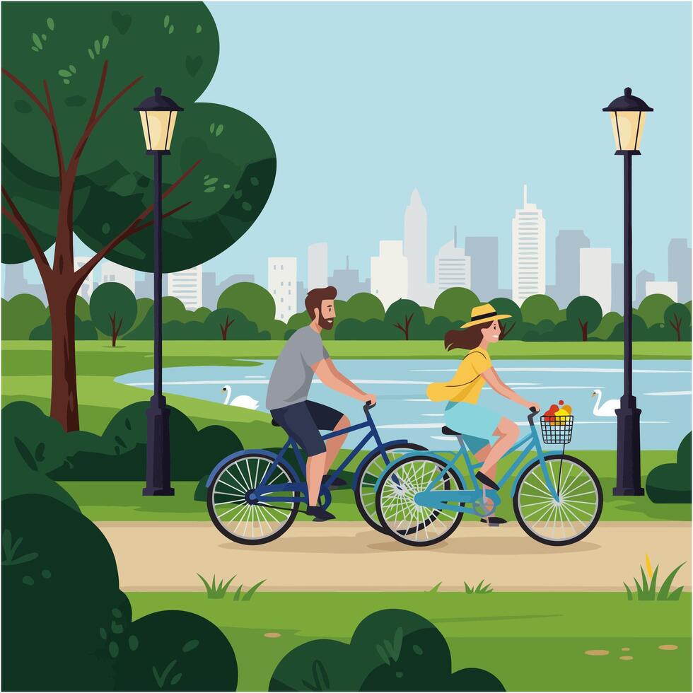 Couple Riding Bicycles in City Park with Lake and Skyline vector