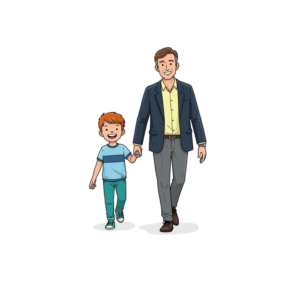Father and Son Walking Holding Hands with Carefree Expression Illustration vector