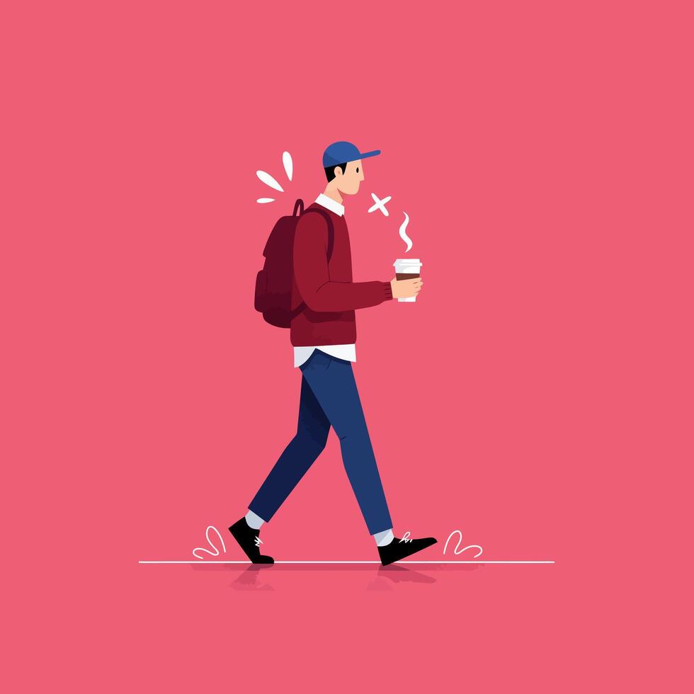 Man Walking with Coffee and Backpack Simple Illustration vector
