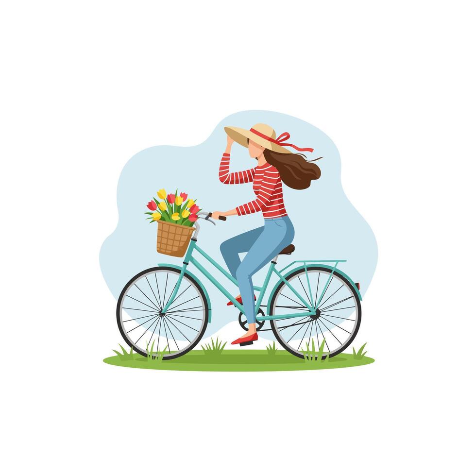Woman Riding Bicycle with Flower Basket on Sunny Day Illustration vector