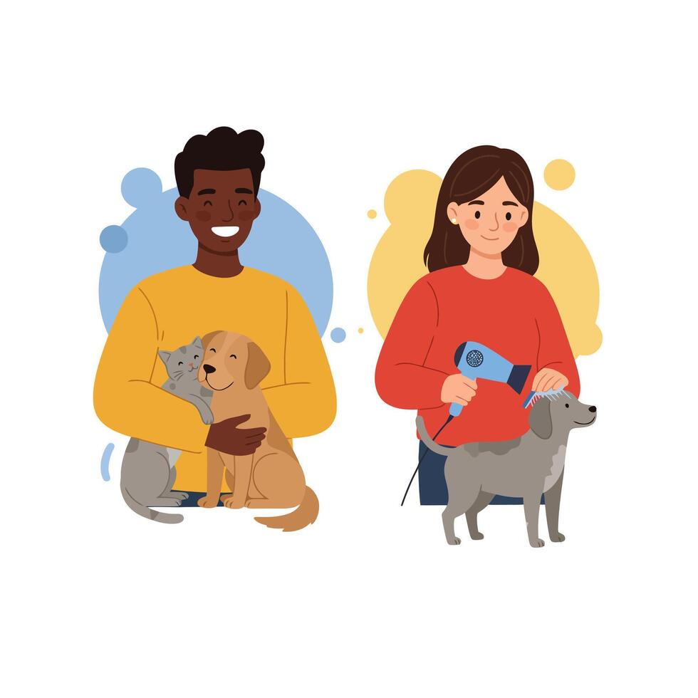 People Grooming Pets Happy Man Holding Cat and Dog Woman Drying Dog vector
