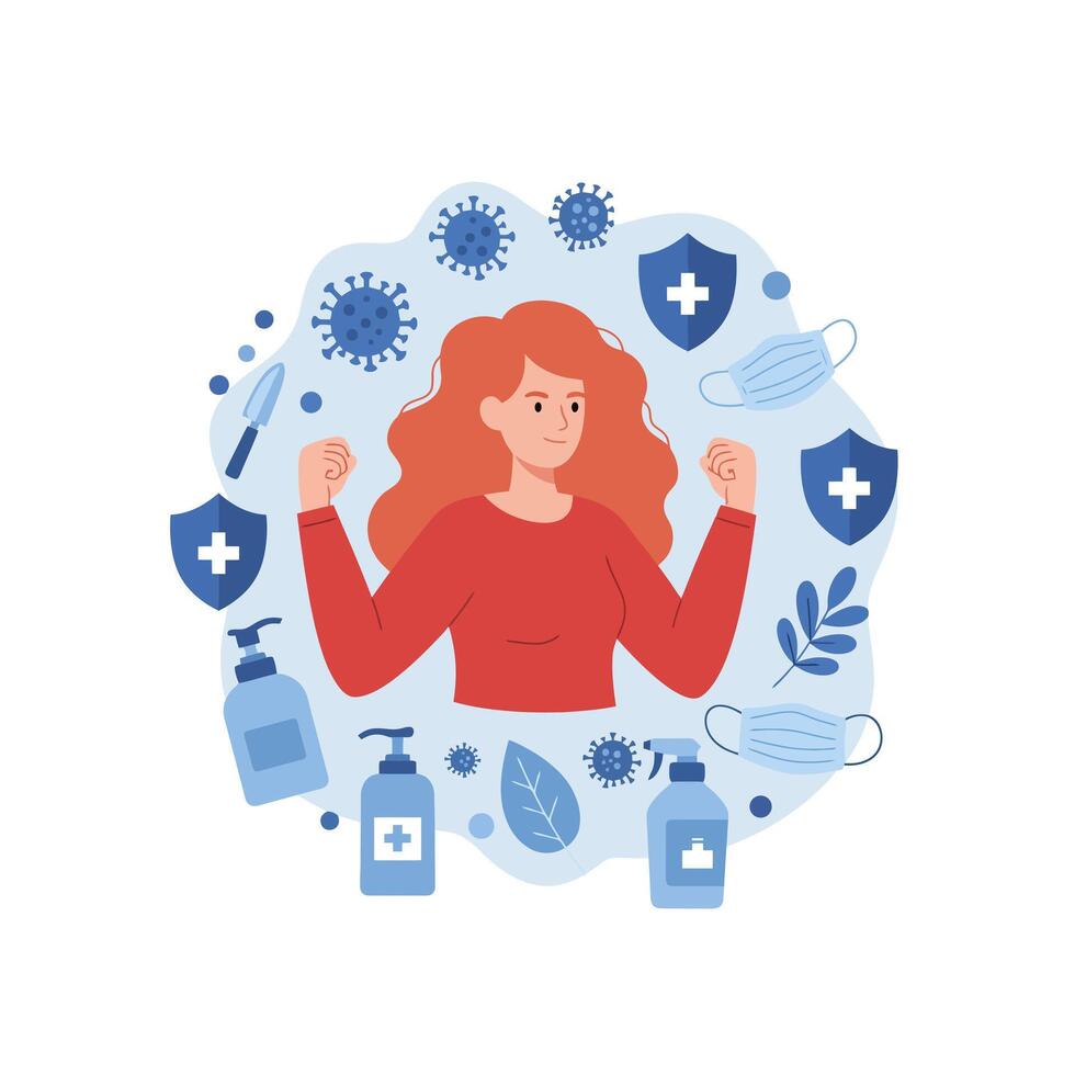 Woman Protecting Herself with Sanitizers Masks and Shields Against Viruses vector
