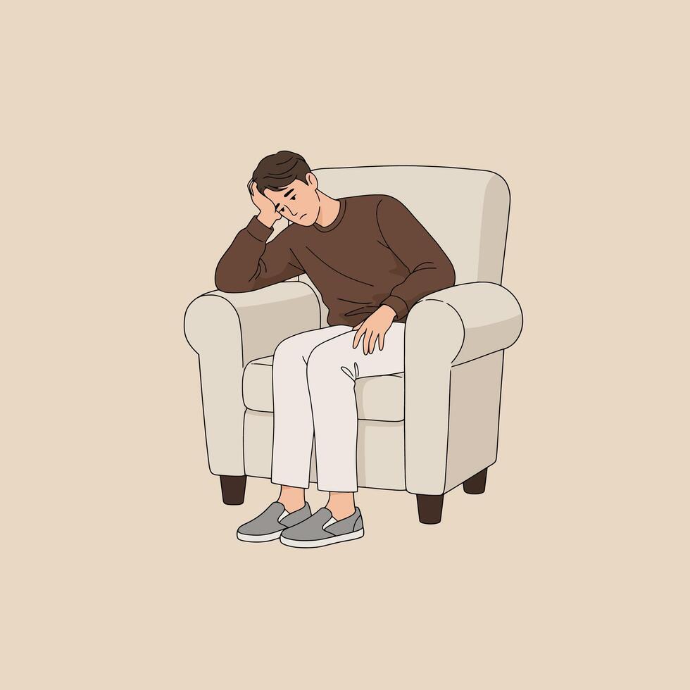 Man Sitting Depressed in Armchair Feeling Sad and Worried vector