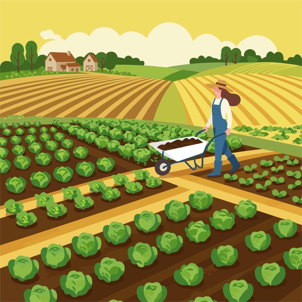 Farmer Working in Vegetable Field with Wheelbarrow Rural Farming Scene vector